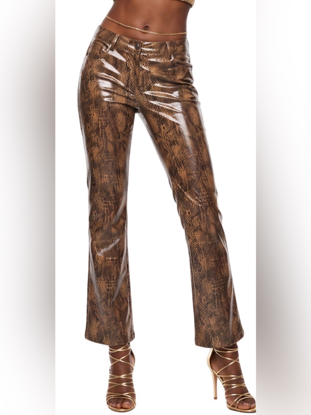 VINTAGE Y2K Tan Metallic Gold Shimmering Snake Scales Low Rise Bootcut Pants 6 - Picture 10 of 11